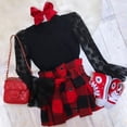 thumbnail image 2 of Franhais 2 Pcs Girl's Fashionable Casual Suit, Round Neck Long Mesh Flared Sleeve Polka Dot Pullover, Plaid Buttoned Skirt, Daily Life, 2 of 9