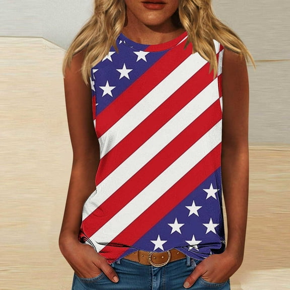 HaoXianJian USA Flag Tank for Women 4th of July Patriotics Crew Neck Coloful Printed Vests Loose Basic Shirts Sleeveless Tank Top Llightweight Tops & Blouses S-5X