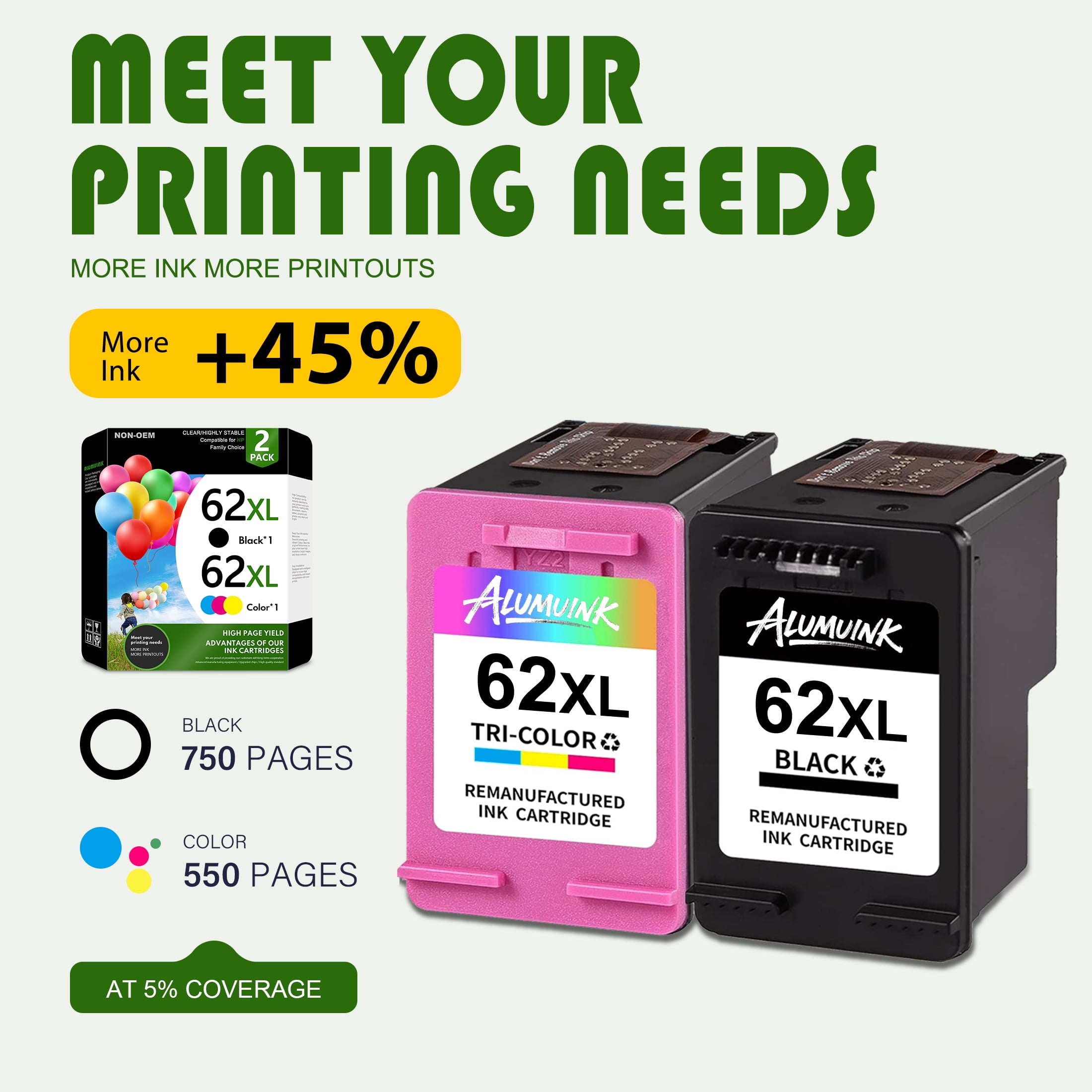62XL Ink Black/Tri-Color Compatible for 62 Ink Cartridges for Envy 7640 Officejet 8040 Printer
