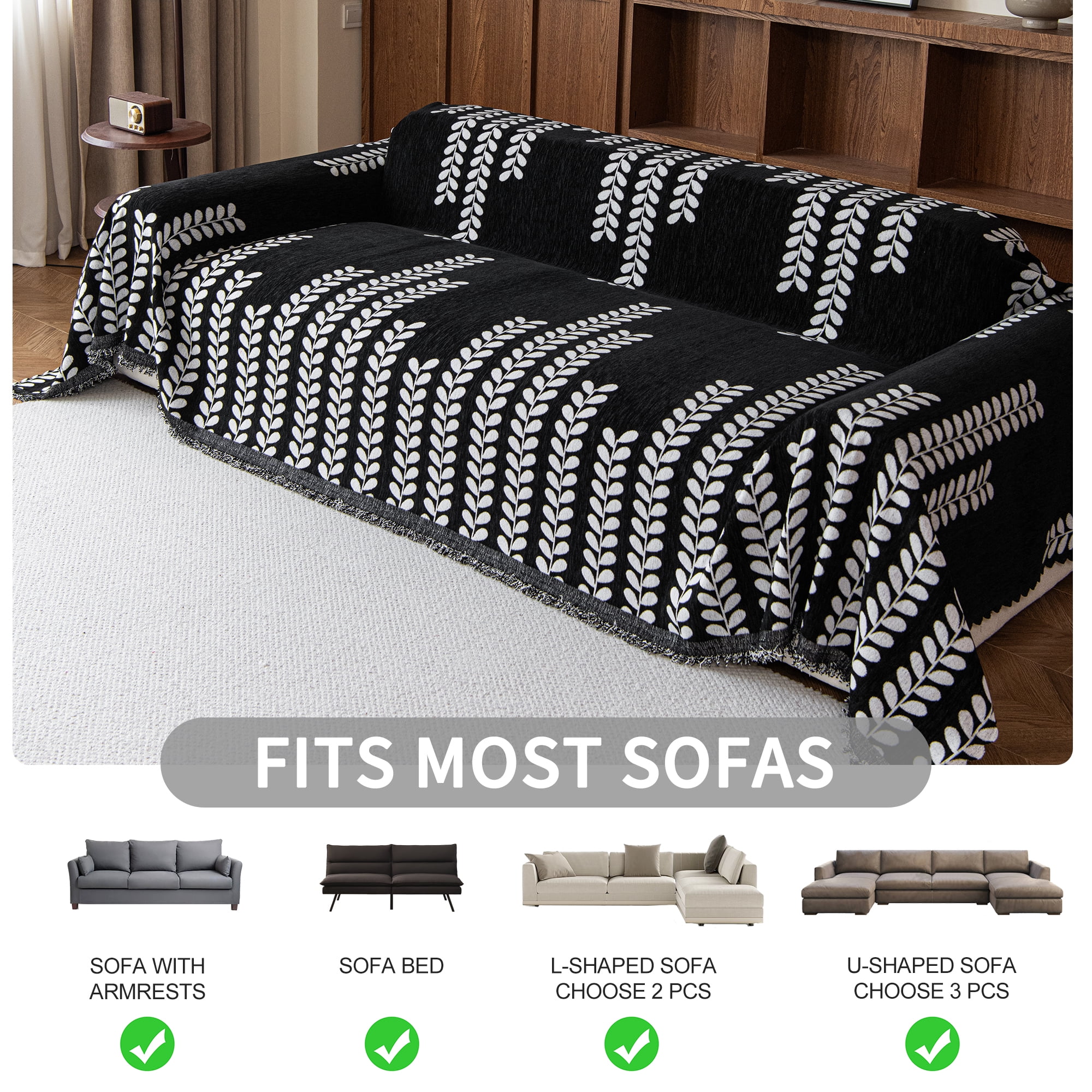 Smuge Sofa Cover Couch Cover Protector Slipcover, L Shape 3 Cushion Throw Sofa Towel Furniture Cover for Dogs Cats Home Decor (71"x 150", Black)