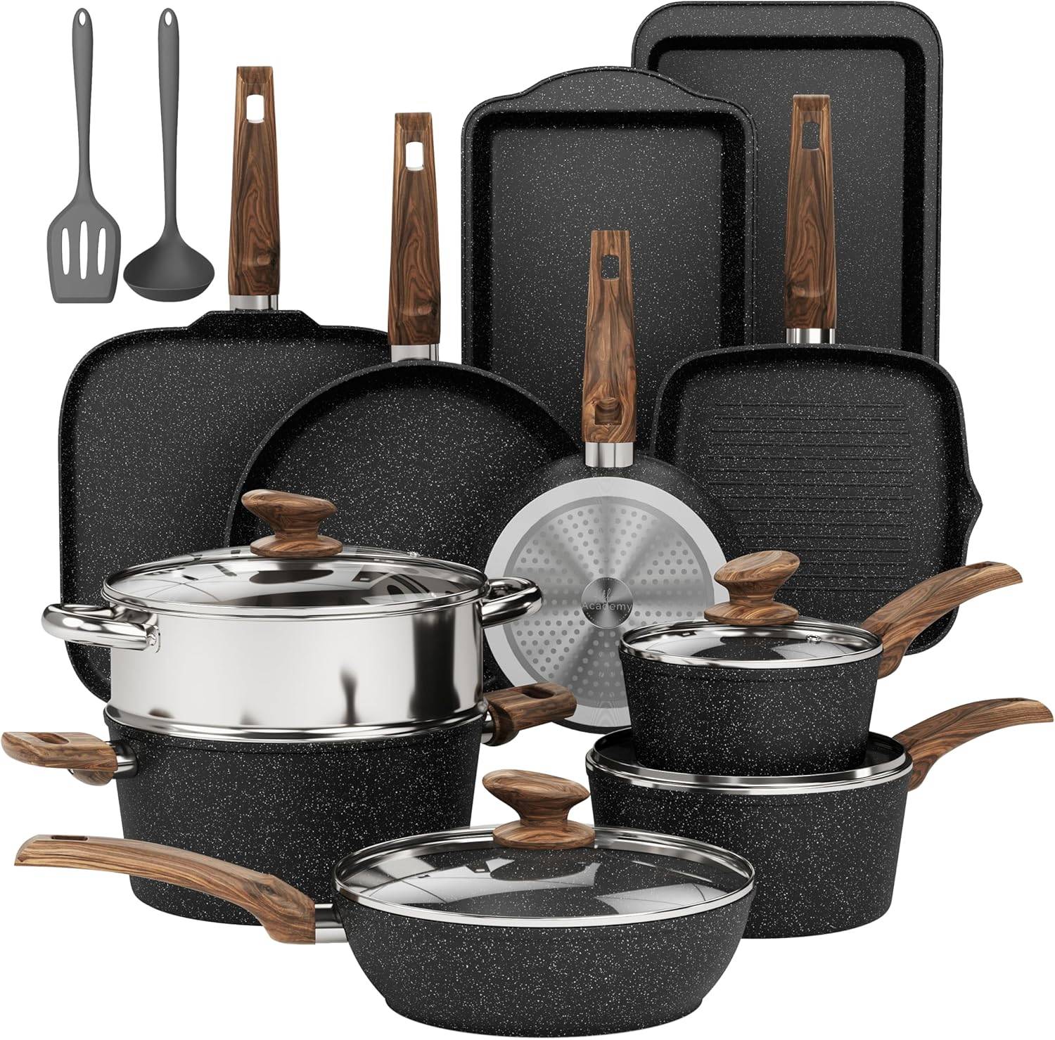 DishDelight 17Pcs Pots and Pans Set Non Stick, Granite Kitchen Cookware Sets, Induction Cooking Pan Set, Black