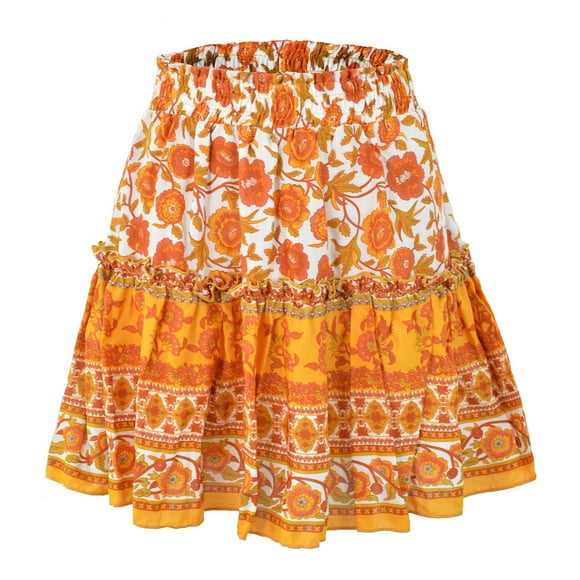 Women Ruffle Hem Skirt Floral Printed Elastic Ethnic Short Skirt For Summer Spring Autumn Orange M