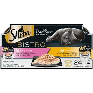SHEBA PERFECT PORTIONS Bistro Adult Wet Cat Food Variety Pack, Chicken in Alfredo Sauce Entree and Salmon in Creamy Sauce Entree, 2.6 oz. Twin-Pack Trays