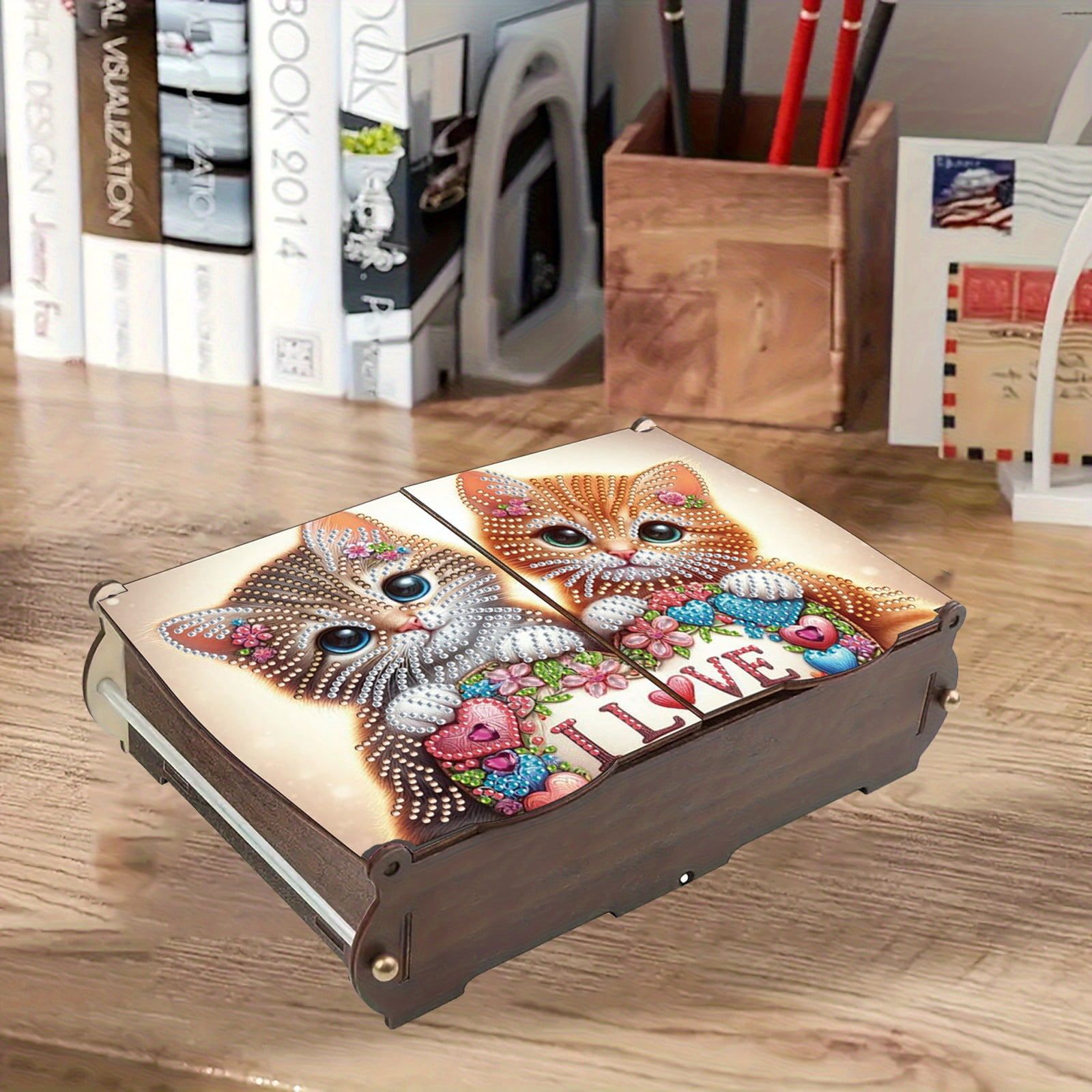 FLOPESN DIY Diamond Art Painting Jewelry Box,Creative Design Wooden Lid Rectangular Storage Case for Home Decor-Cat-1