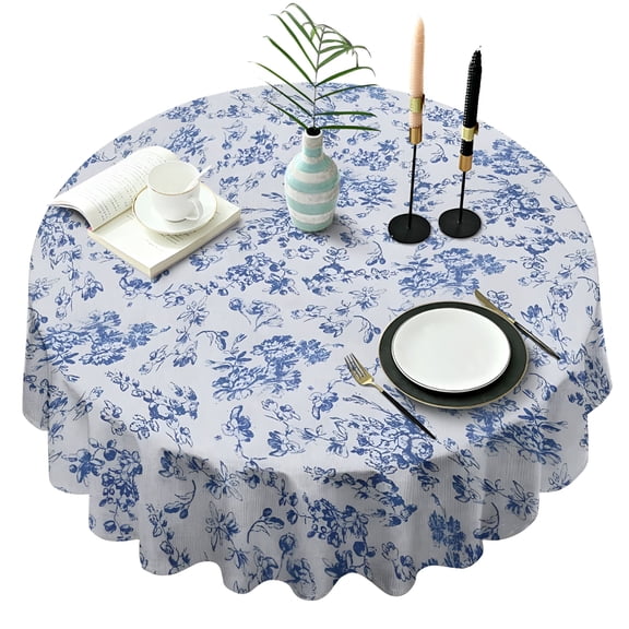 AUQ Blue and White Tablecloth Vintage Round Tablecloth,Rustic Blue Floral Table Cloth - Washable Table Cover,Wrinkle Resistant for Restaurants,Picnics,Indoor and Outdoor (60)