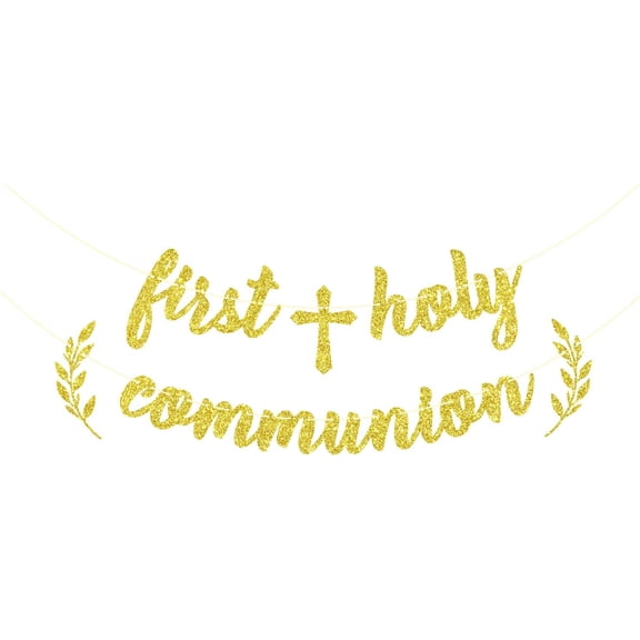 First Holy Communion Banner, Christening Baby Shower Decorations, Baptism Banner for Boy/Girl, Wedding/Bridal Shower/Bachelorette Party Decoration Gold Glitter
