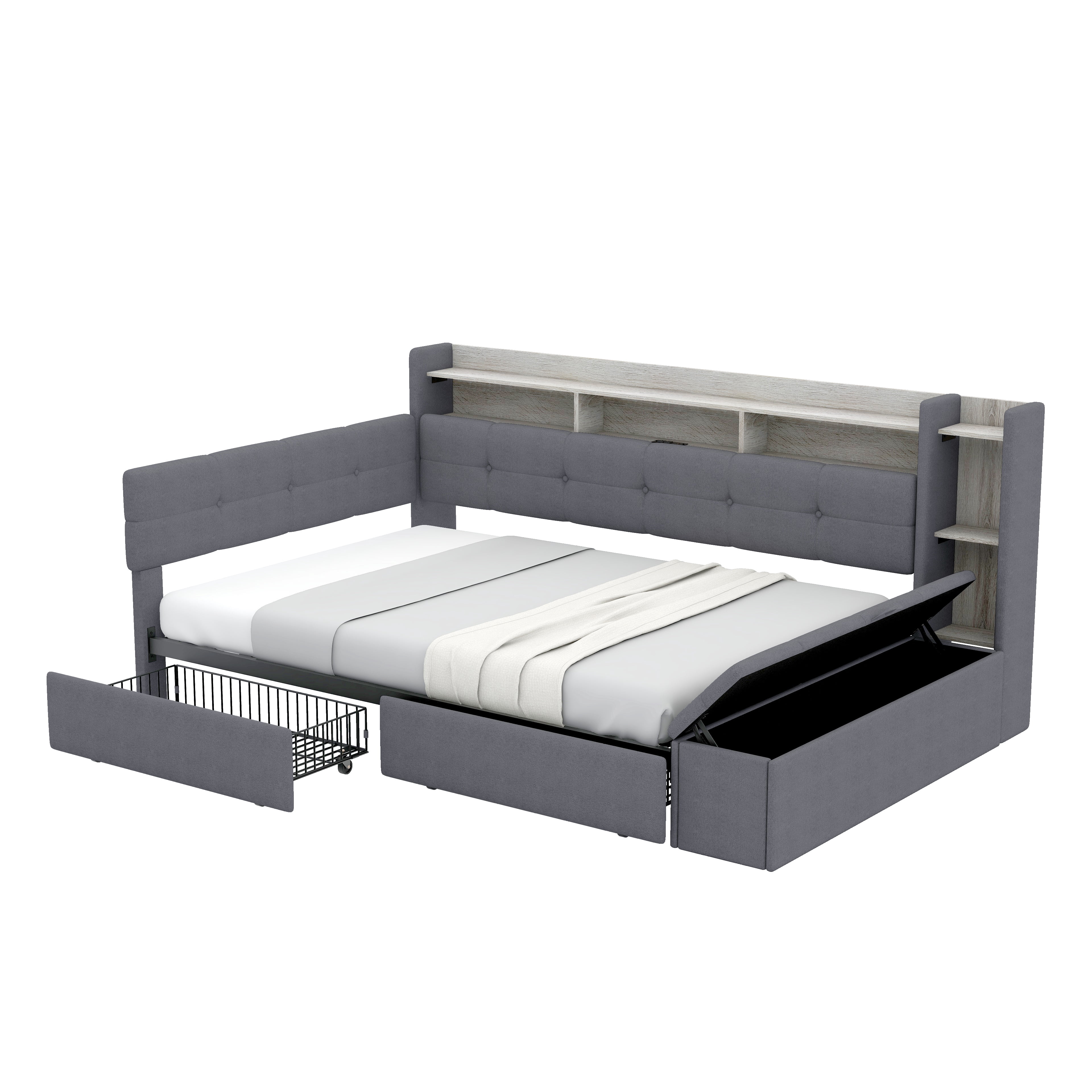 Euroco Upholstery Full Size Daybed with Drawers, Storage Sofa Bed with Footstool and Shelves, LED Light and USB Charging, Grey