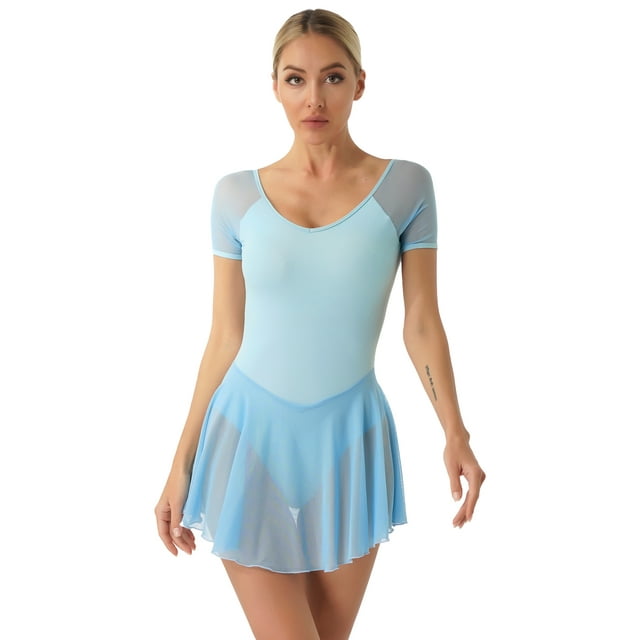 Oyolan Justaucorps de Ballet pour Femmes à Manches Courtes avec Jupe Robe de Danse de Ballet Justaucorps de Gymnastique Bleu Pâle S