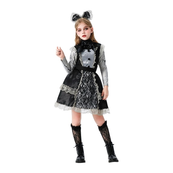 Otqutp 4 Piece Halloween Outfit for Girls Long Sleeve Lace Trimmed Dress with Headpiece & Ribbon Accessories Fall Kids Holiday Photo Shoot Set
