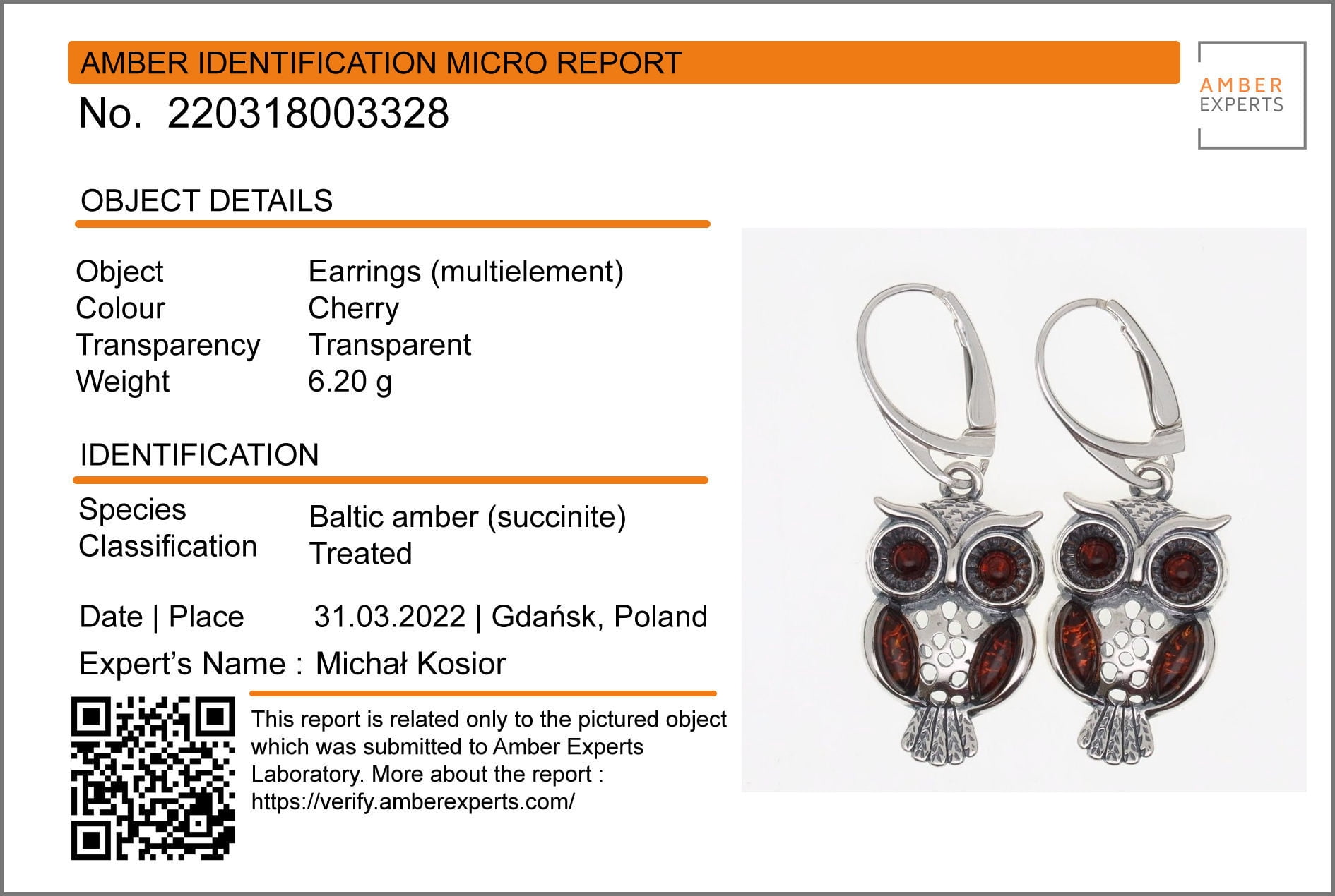 Baltic Amber Owl Drop Earrings in Sterling Silver