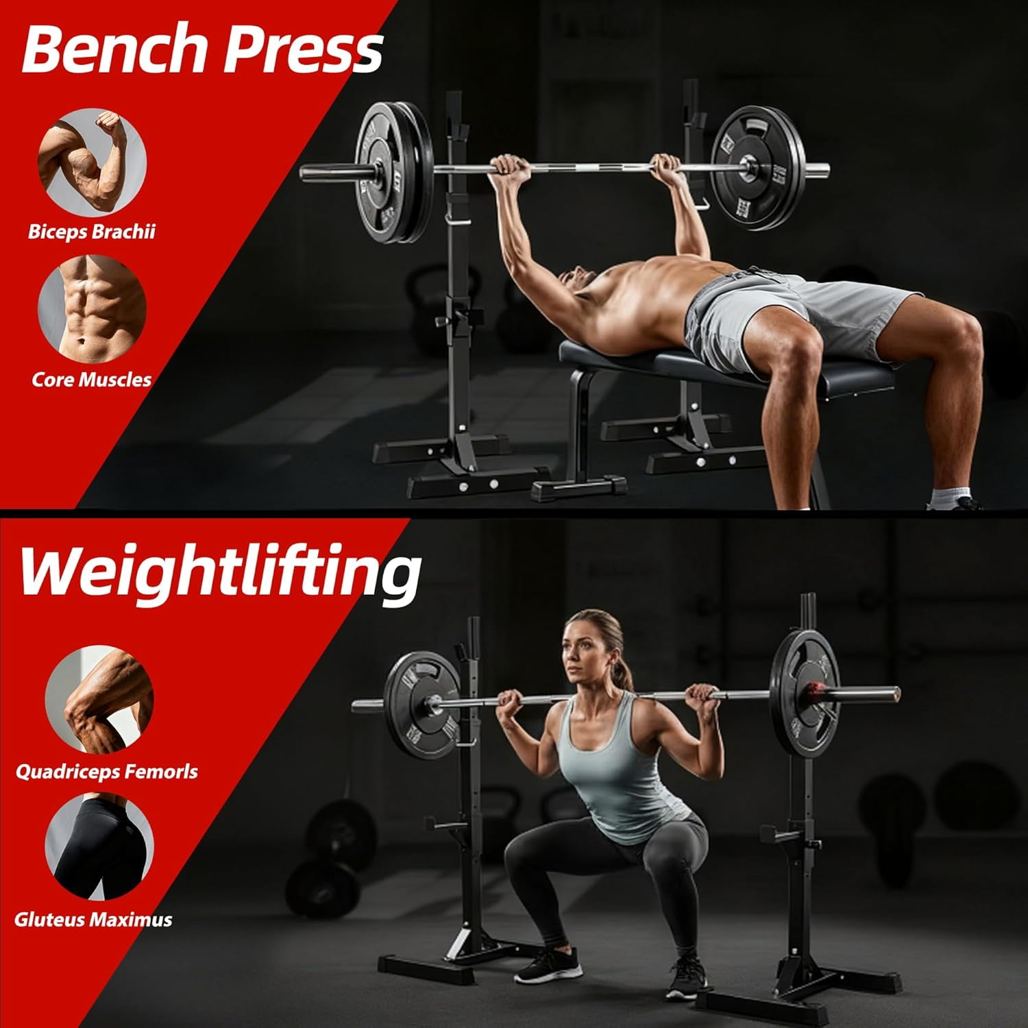 Adjustable Squat Rack Stands Pair of Sturdy Steel Bench Press Rack, Barbell Rack, 40''-66'' 550lbs Max Load Portable Weight Lifting Dumbbell Racks Stands for Home Gym, Black