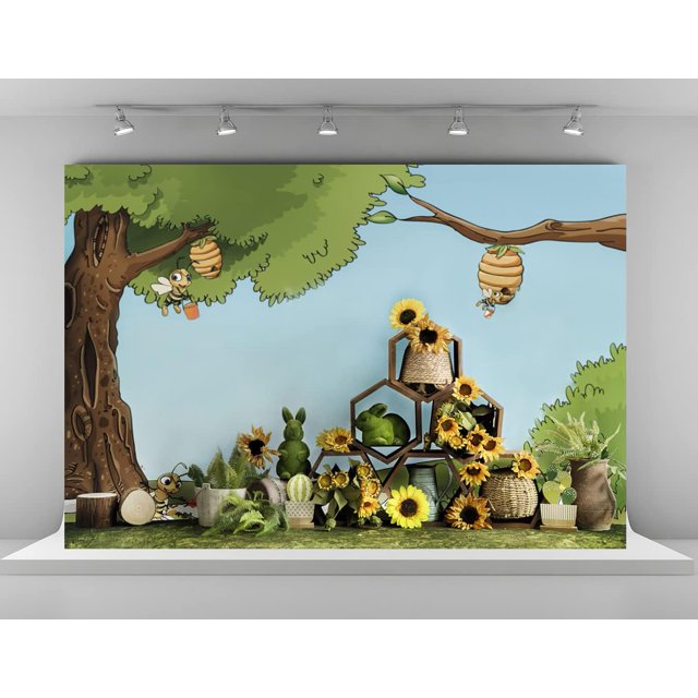 7x5ft Sweet as Can Bee Backdrops for Photography Yellow Sunflowers Honeycomb Background Rabbit Green Tree