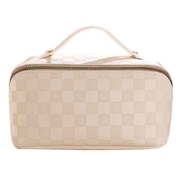 Diseño de la partición de la bolsa de maquillaje de almohada de gran capacidad, suave y práctico, bolsa de maquillaje de viaje de vacaciones al aire libre portátil impermeable y blanca