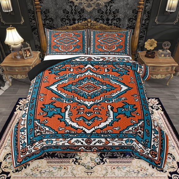 Homewish Orange Blue Bedding Comforter Set,Boho Print Twin Comforter Sets,Retro Abstract Art Bedding Set For Adults,Microfiber Bedroom Decor Reversible,2pcs