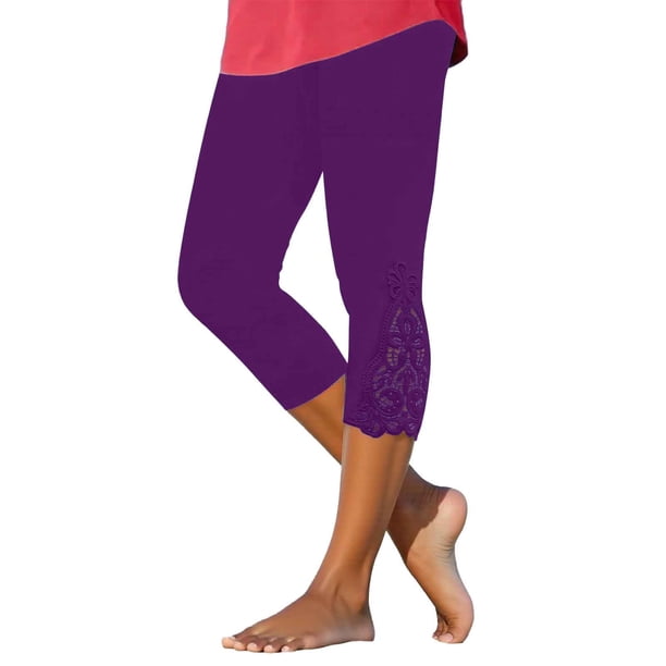 Pantalones pitillo lisos para mujer, leggings con parche de encaje perforado, poliéster y spandex, elegantes y casuales, tallas S-XXL