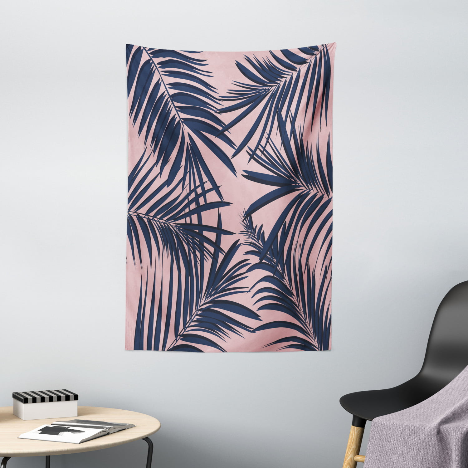 Navy and Blush Tapestry, Summer Exotic Floral Tropical Palm Tree Leaf  Banana Plant Hawaii, Wall Hanging for Bedroom Living Room Dorm Decor, 40W X  60L 