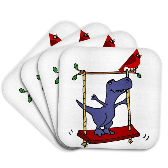 3drose, Funny Cute Blue T-rex Dinosaur and Cardinal Bird Swinging, Set of 4 Coasters - Soft
