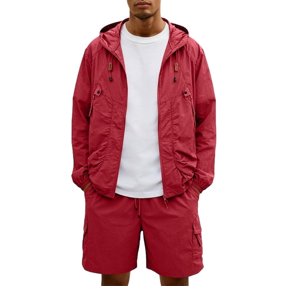 Mens Lightweight Windbreaker Jacket and Shorts Set, Hooded Zip Up Cargo Pockets Summer Outdoor Sportswear Suit Red M
