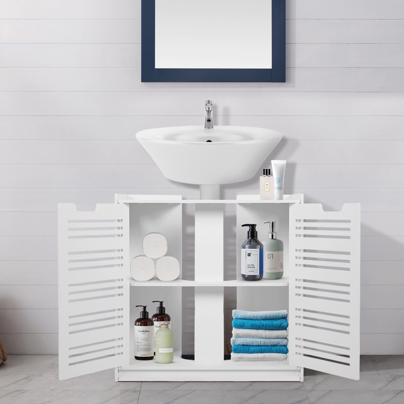 Freestanding Bathroom Vanity Under Sink Pedestal, Basin Sink Storage Cabinet with Double-sided Floor Storage Shelf(Not Include Basin Sink), White