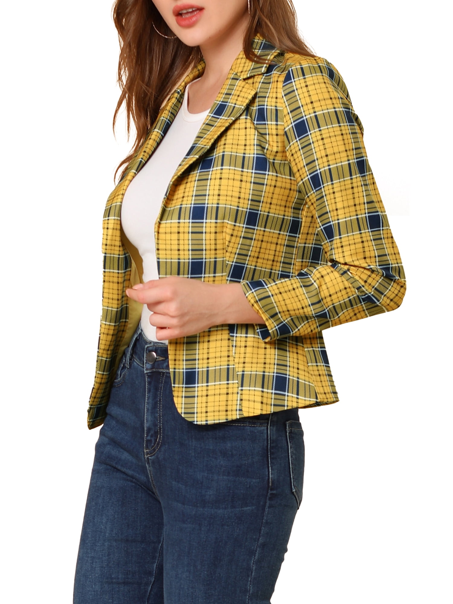 DARING DIVA Women's Elegant Notched Lapel Floral Print Blazer XS Yellow-Plaid