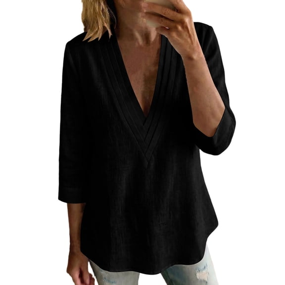 ClodeEU Women's Linen Blend V Neck 3/4 Sleeve Tunic Blouse,Casual Loose Henley Shirt Top Black,Women's Plus L