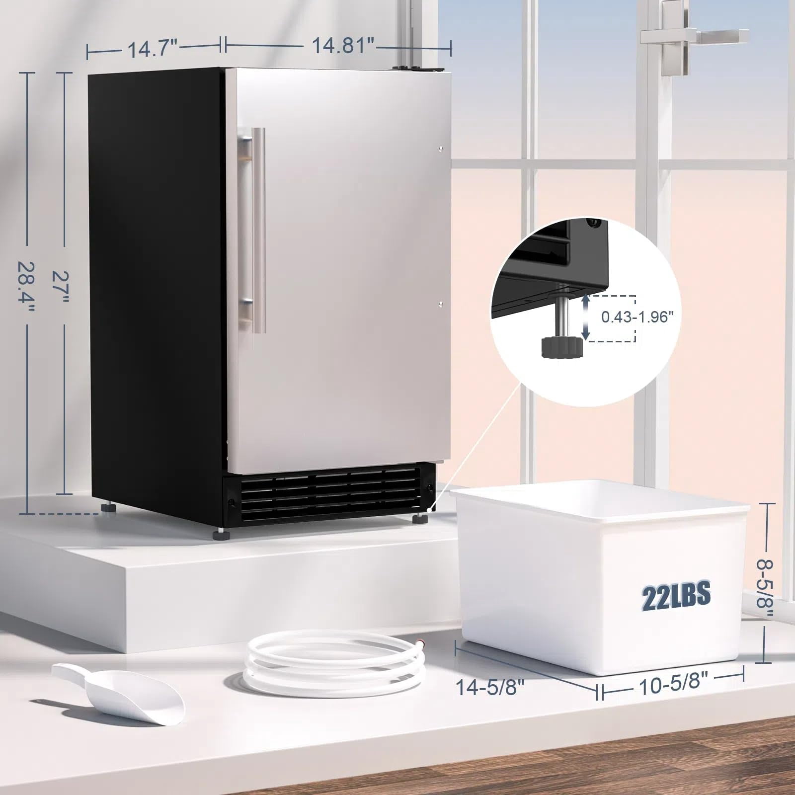 RIOXC Drainless Ice Maker 15" W with 22LBS Storage Bin, Free-Standing Under Counter Ice Maker Cabinet Ready, Crescent Ice for Home, No Drain Required, ETL Approved