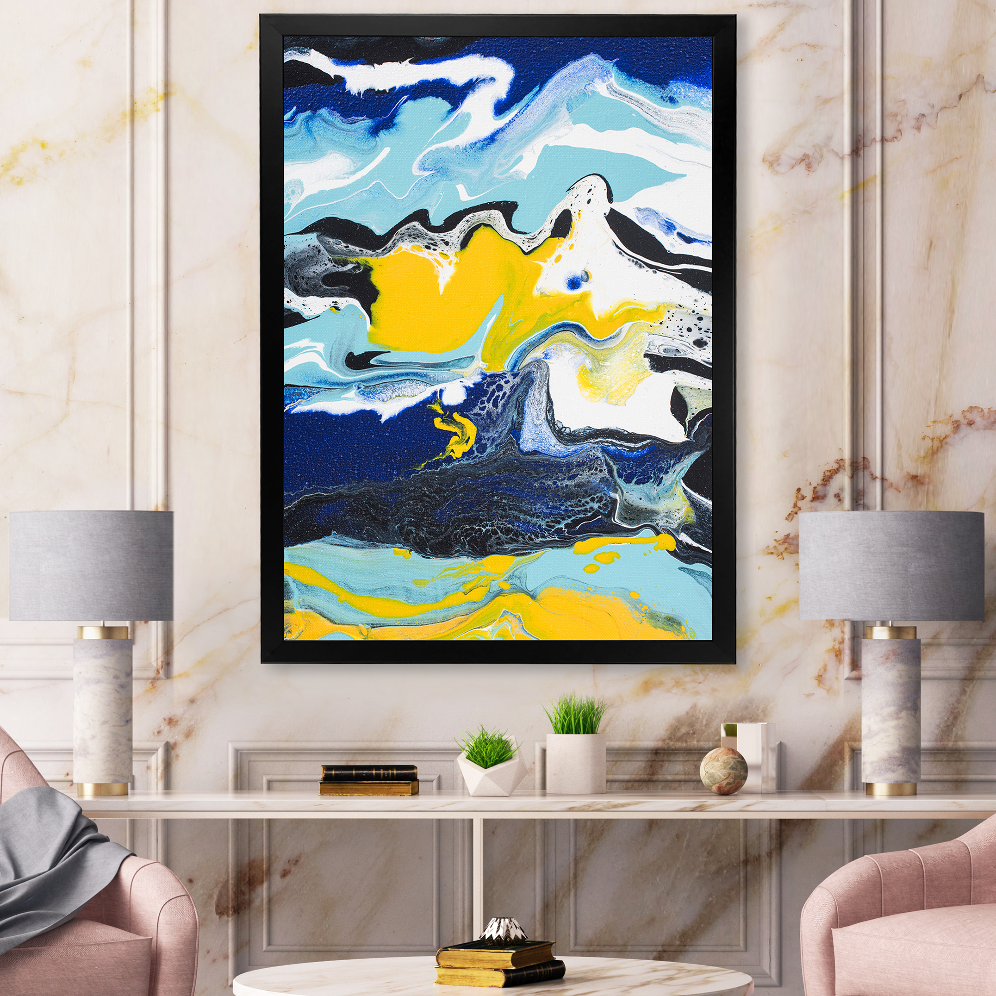 Designart 'Abstract Marble Composition In Blue and Yellow II' Modern Framed Art Print