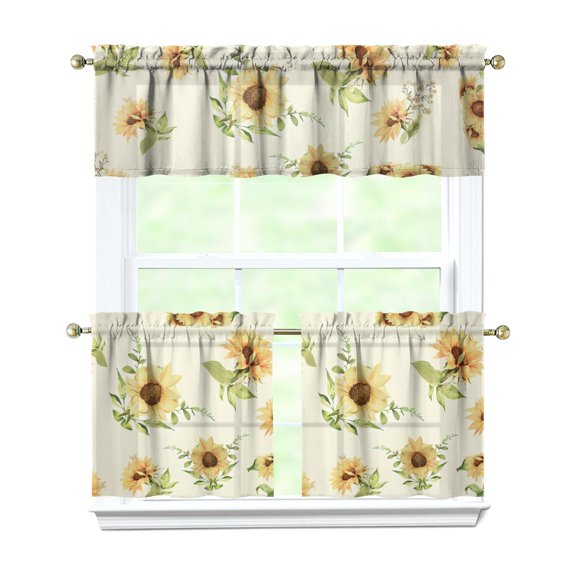 Kitchen Curtains 24 Inch Short - 3 Panel Set, Boho Sunflower Butterfly Floral Print, Rod Pocket Window Curtain for Rustic Farmhouse, Country Vintage Summer Decor, Easy Wash