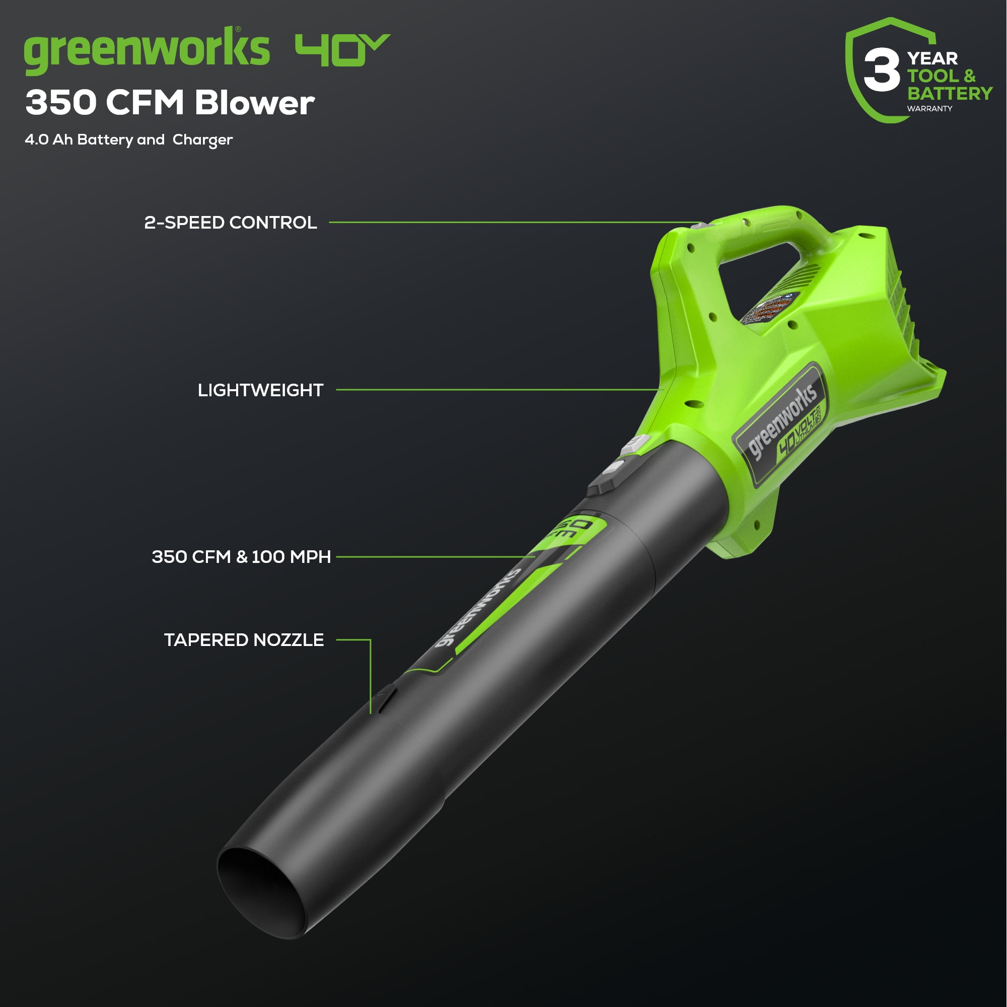 Greenworks 40V 16" Brushless Cordless Push Lawn Mower + 350 CFM Blower, W/4.0Ah Battery and Charger Compatible for 75+ Tools
