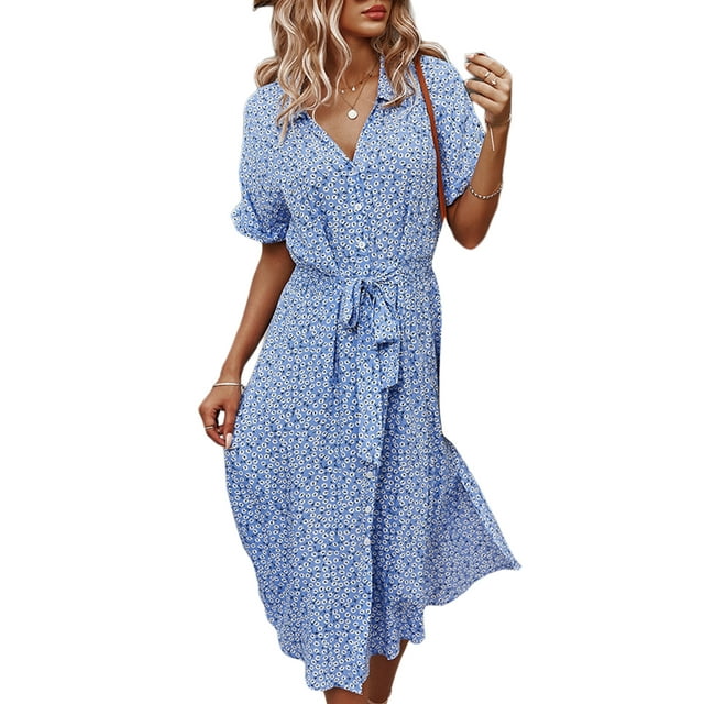 Women's Button Down Midi Dress, Short Sleeve Floral Print Belted Loose