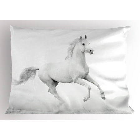 - Black and White Pillow Sham White Stallion Running Horse Galloping Motion Speed Equestrian Print, Decorative Standard Queen Size Printed Pillowcase, 30 X 20 Inches, White and Black, by Ambesonne