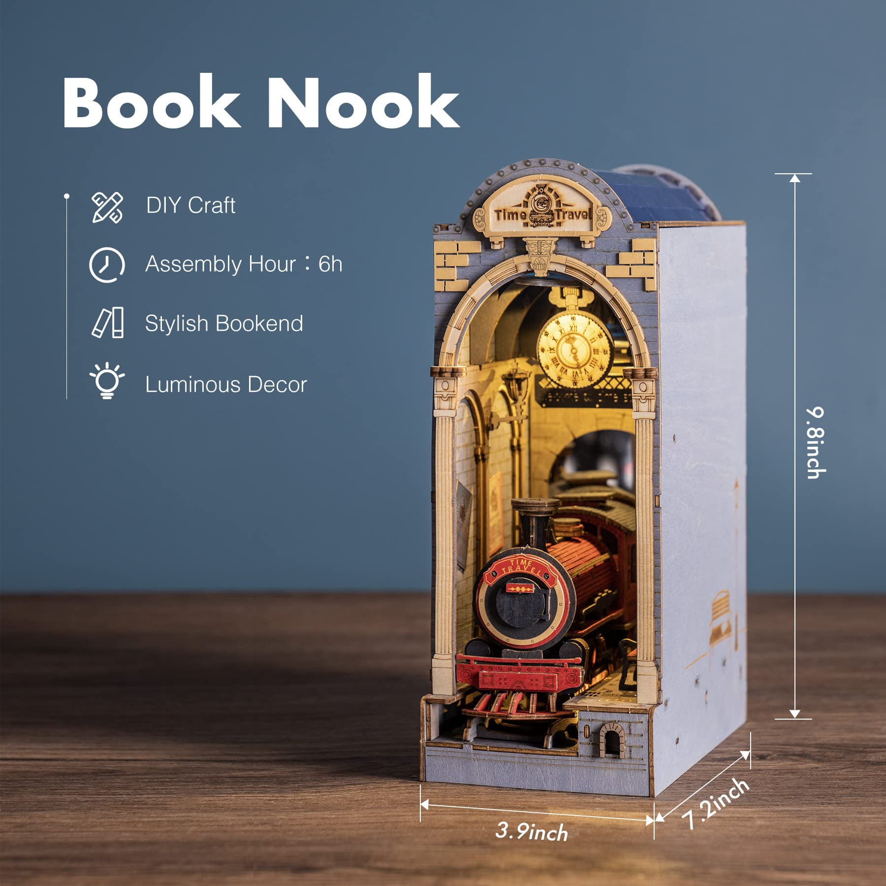 ROBOTIME Time Travel DIY Book Nook Kit,Wooden Mini Dollhouse Bookend Model Building Kit, 3D Puzzle Tiny Home Bookshelf Decor, Gifts for Adults Teens