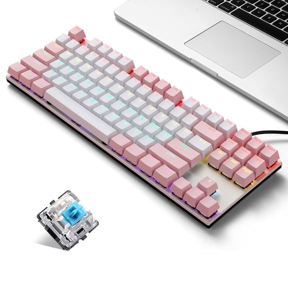 iBlancod K87 87 Keys Wired Mechanical Keyboard Metal Panel Two-color Injection Keycap 20 Light Effects Pink&White(Blue Switches)