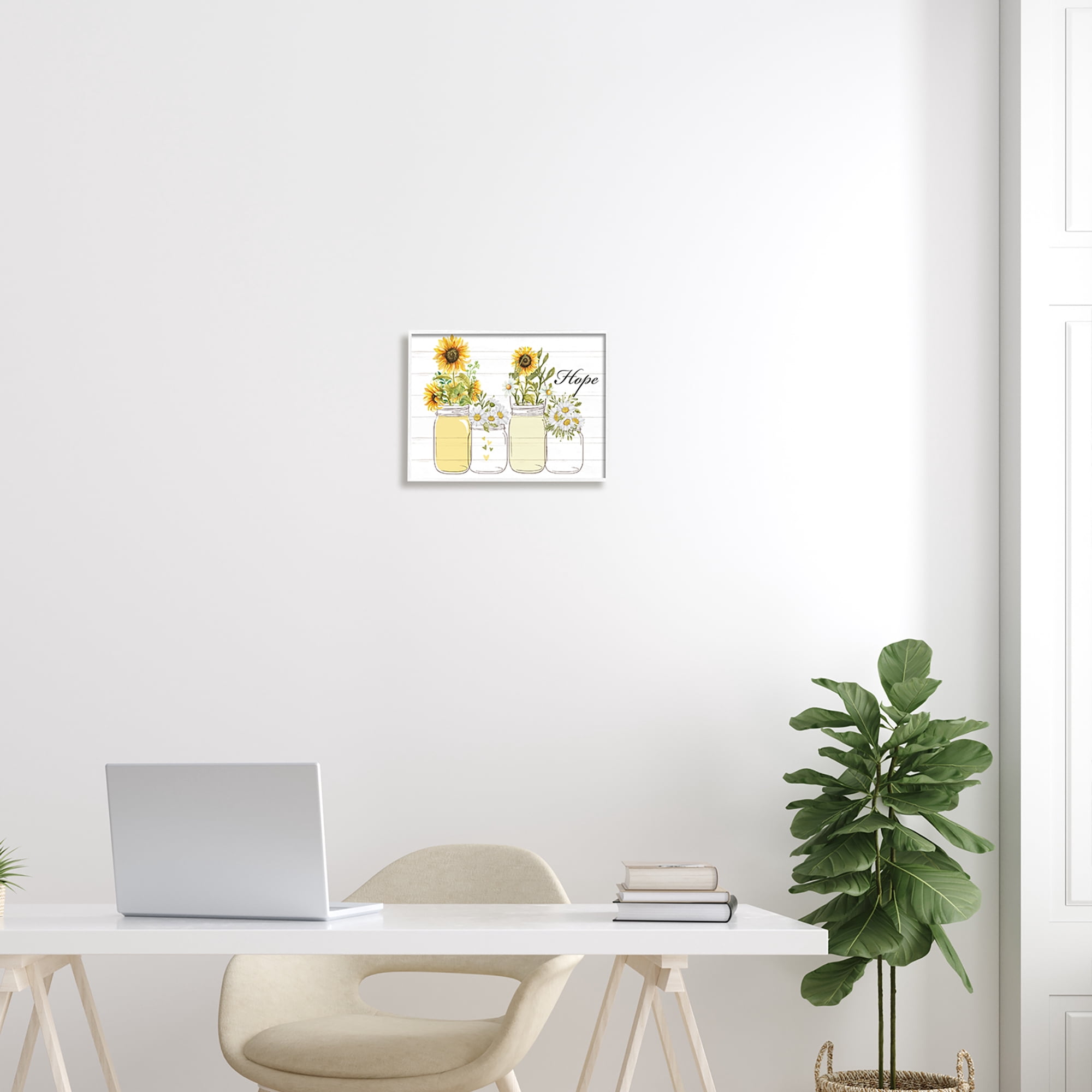 Stupell Industries Hope Script Sunflower Jars Rustic Country Flowers Graphic Art White Framed Art Print Wall Art, Design by Kim Allen