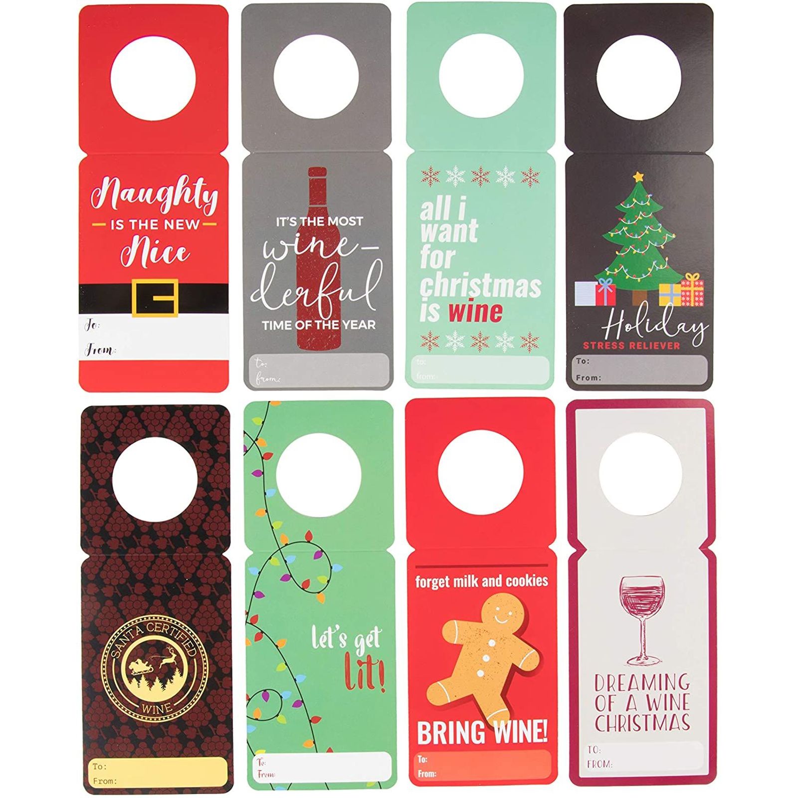 48 Pack Christmas Holiday Gift Tags for Wine Bottles, Hanging Paper Labels for Xmas Dinner Party Decorations, 8 Funny Pun Designs, 3 x 7.75 in
