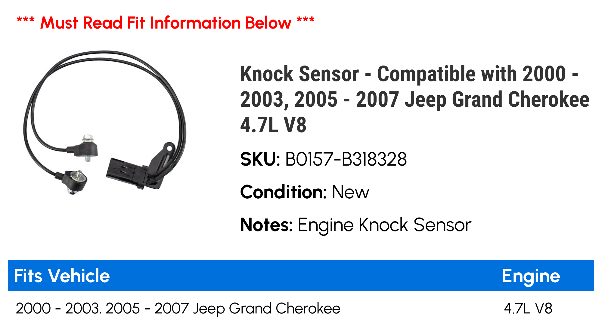 Knock Sensor - Compatible with 2000 - 2003, 2005 - 2007 Jeep