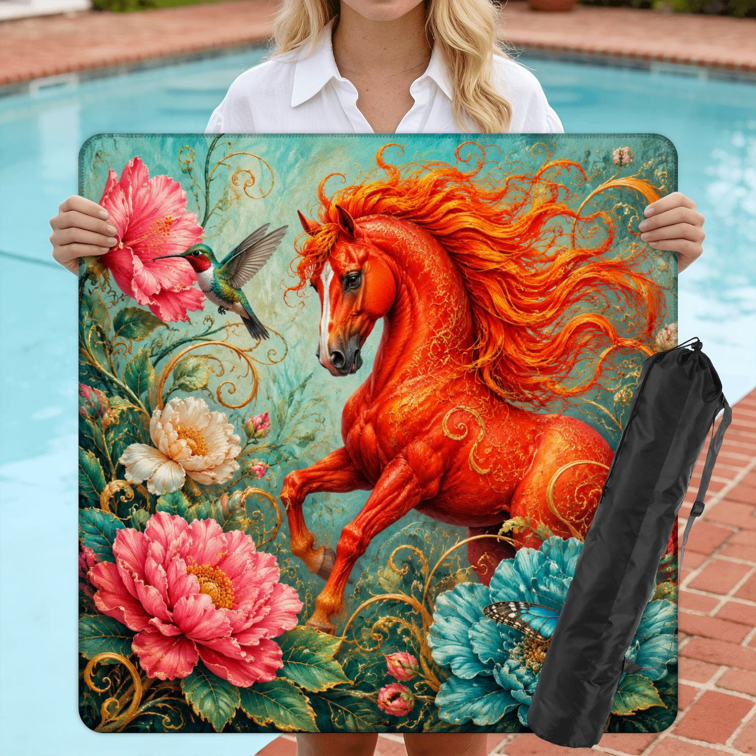 Mahjong Mat 31.5" x 31.5" Fiery Red Horse Flowing Mane Surrounded by Blue Floral Elements Bird Non-Slip Noise Reduction American Mahjong Tiles Table Cover for Dominoes Poker Card Board Games Gift