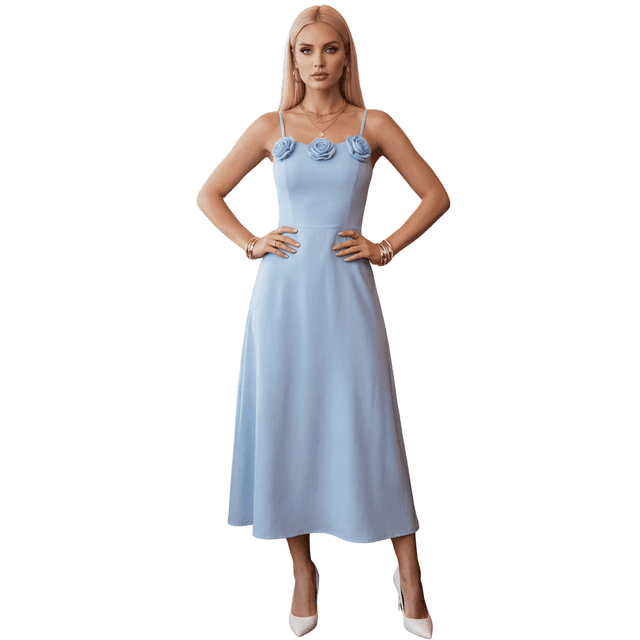 Vestido Midi Elegante con Tirantes y Detalle Floral, Estilo Femenino y Sofisticado para Muje