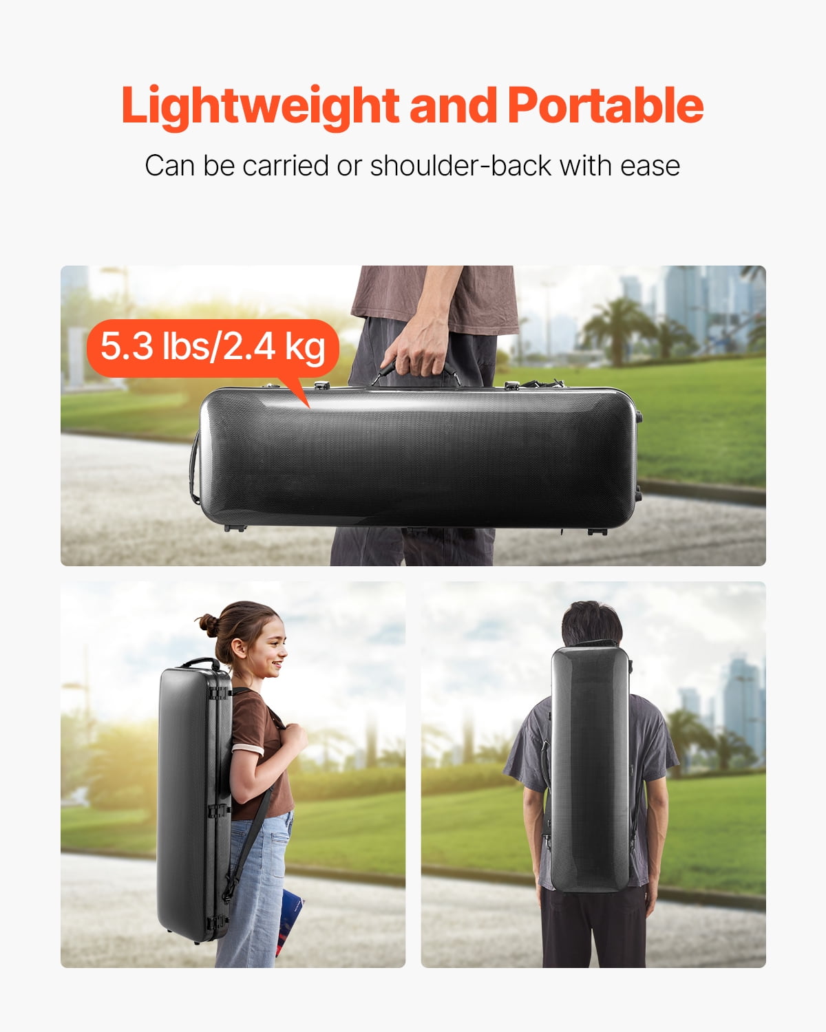 VEVOR 4/4 Full Size Violin Case, Built-in Hygrometer, Lightweight Portable Travel Carrying Bag, with Plush Lining, Shoulder Straps, Anti-Scratch, Professional Oblong Shape, for Violin, Black