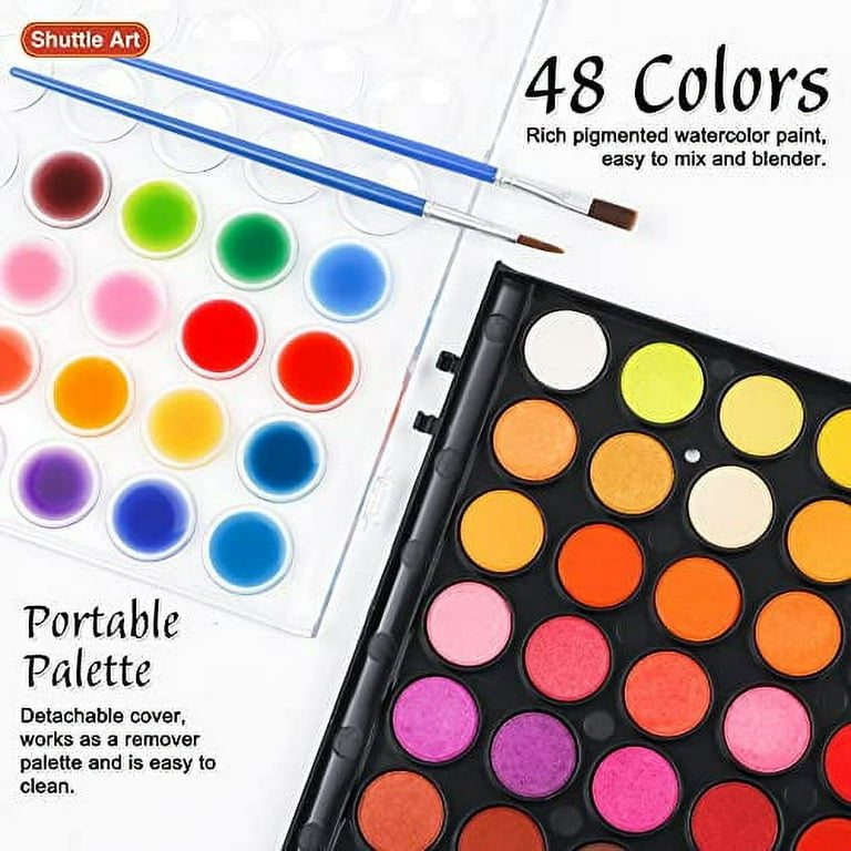 Shuttle Art Watercolor Paint Set, 48 Colors Watercolor Paint Pan Set with 3 Paint Brushes for Beginners, Artists, Kids & Adults to Watercolor Paint