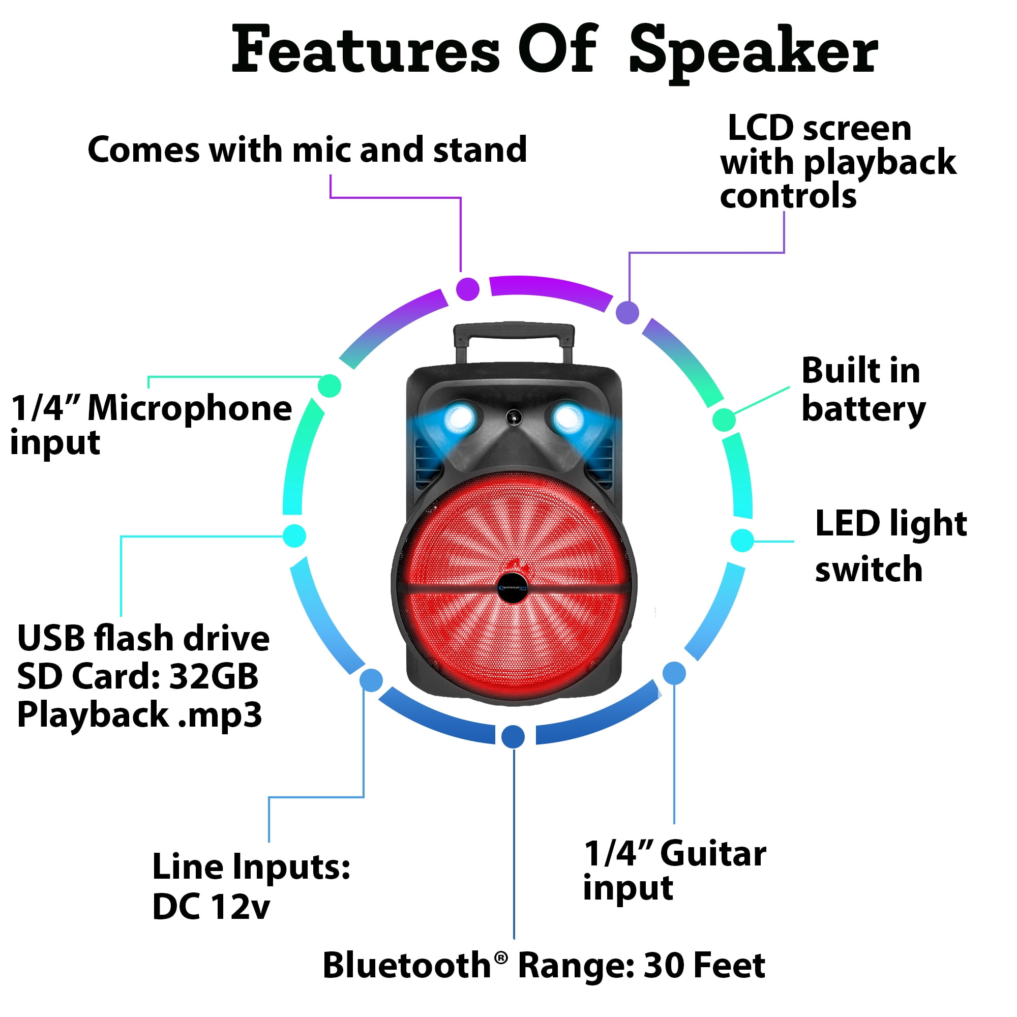 Technical Pro Rechargeable Bluetooth DJ Speaker PA System with Tripod/Microphone