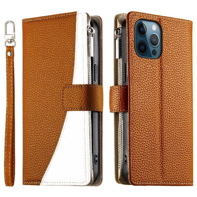 Funda cartera GANGXUN para iPhone 12 Pro Max , cuero PU con tarjetero, cremallera, correa de mano, soporte y protección 602°