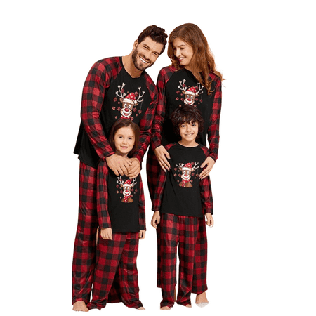 

Oehve Cartoon Deer Contrast top and Plaid Pants Family Matching Pajamas Set in Black 710