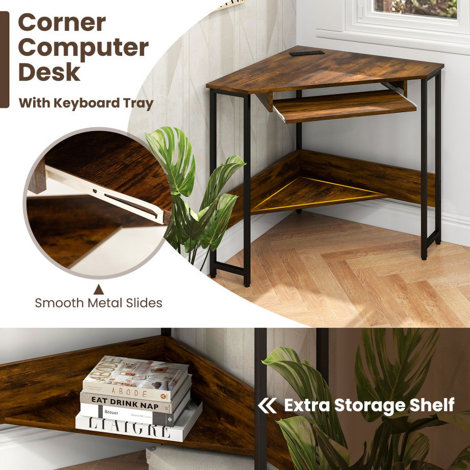 Kadyn Computer Corner Desk,Home Office Writing Worstation, Corner Table,Triangle Corner Desk with Charging Station Keyboard Tray and Storage Shelf-Rustic Brown