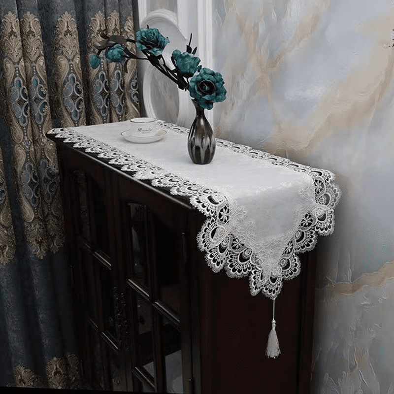 16x63" White Lace Table Runner - Embroidered Rectangular Farmhouse Table Cover for Dining Table, Coffee Table, Dresser  Washable Linen-Like Polyester