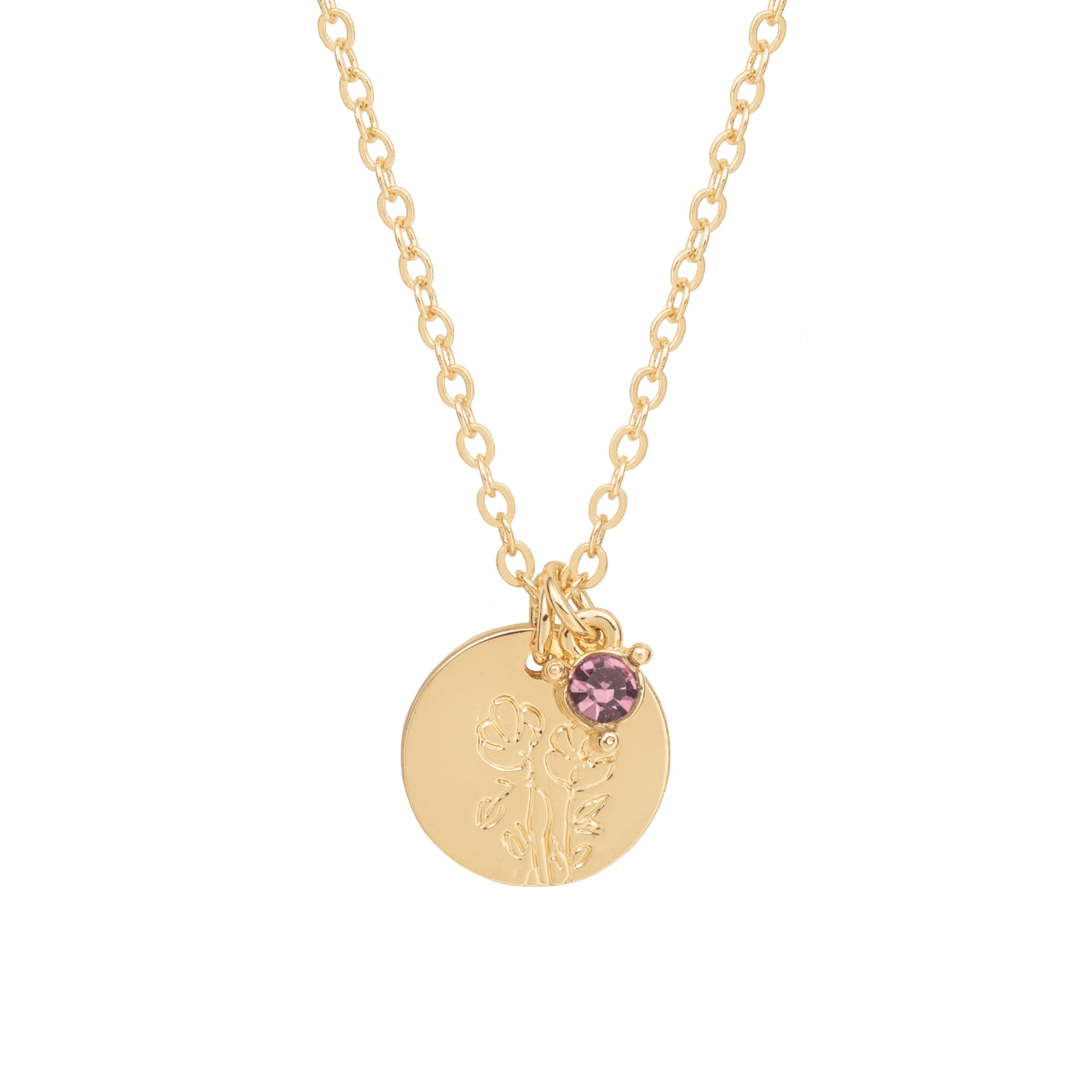 Time and Tru Women’s February Birthstone Necklace, Gold Tone Chain with Light Amethyst Stone & Violet Flower