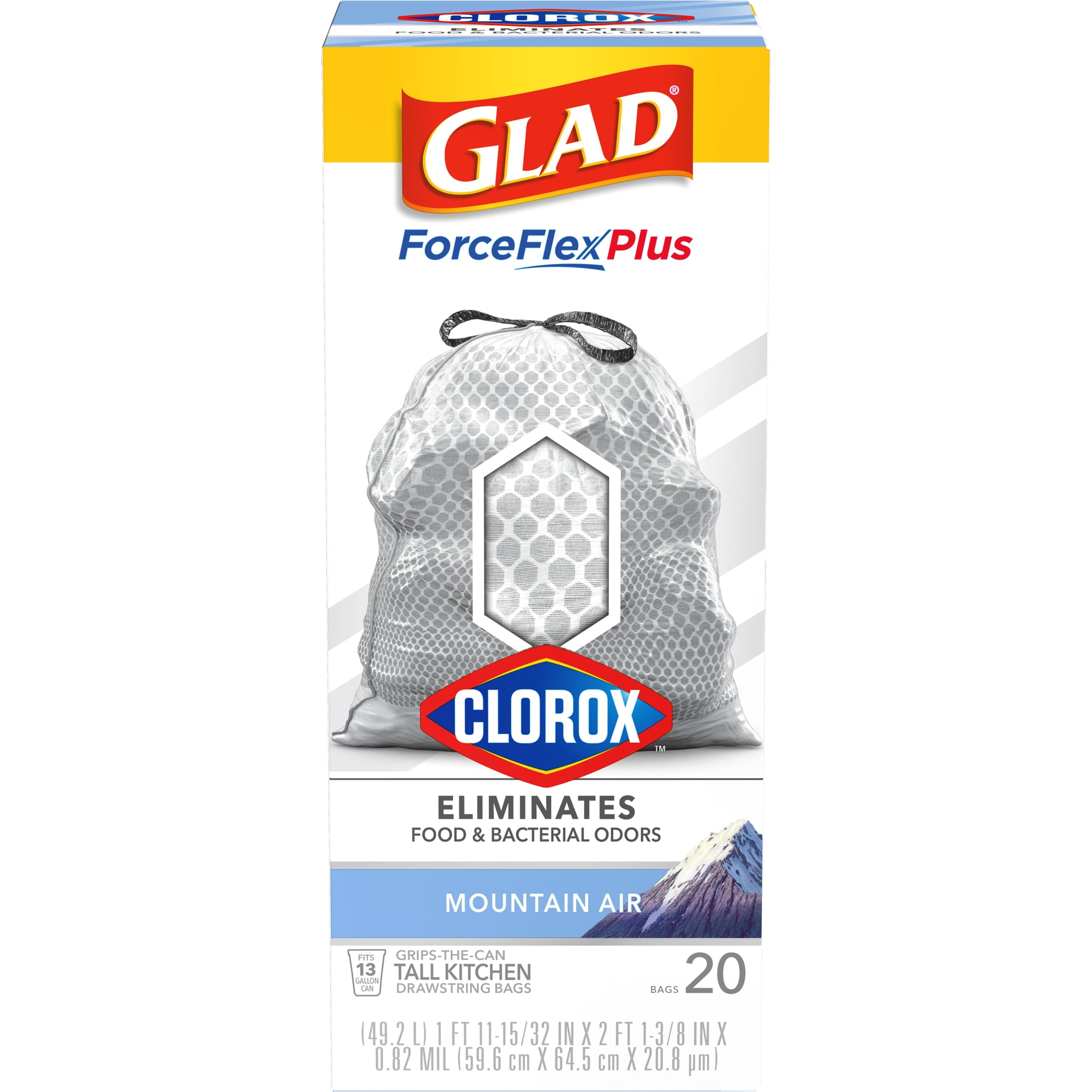 Glad ForceFlexPlus with Clorox Tall Kitchen Trash Bags, 13 Gallon, 20 Bags (Mountain Air Scent)