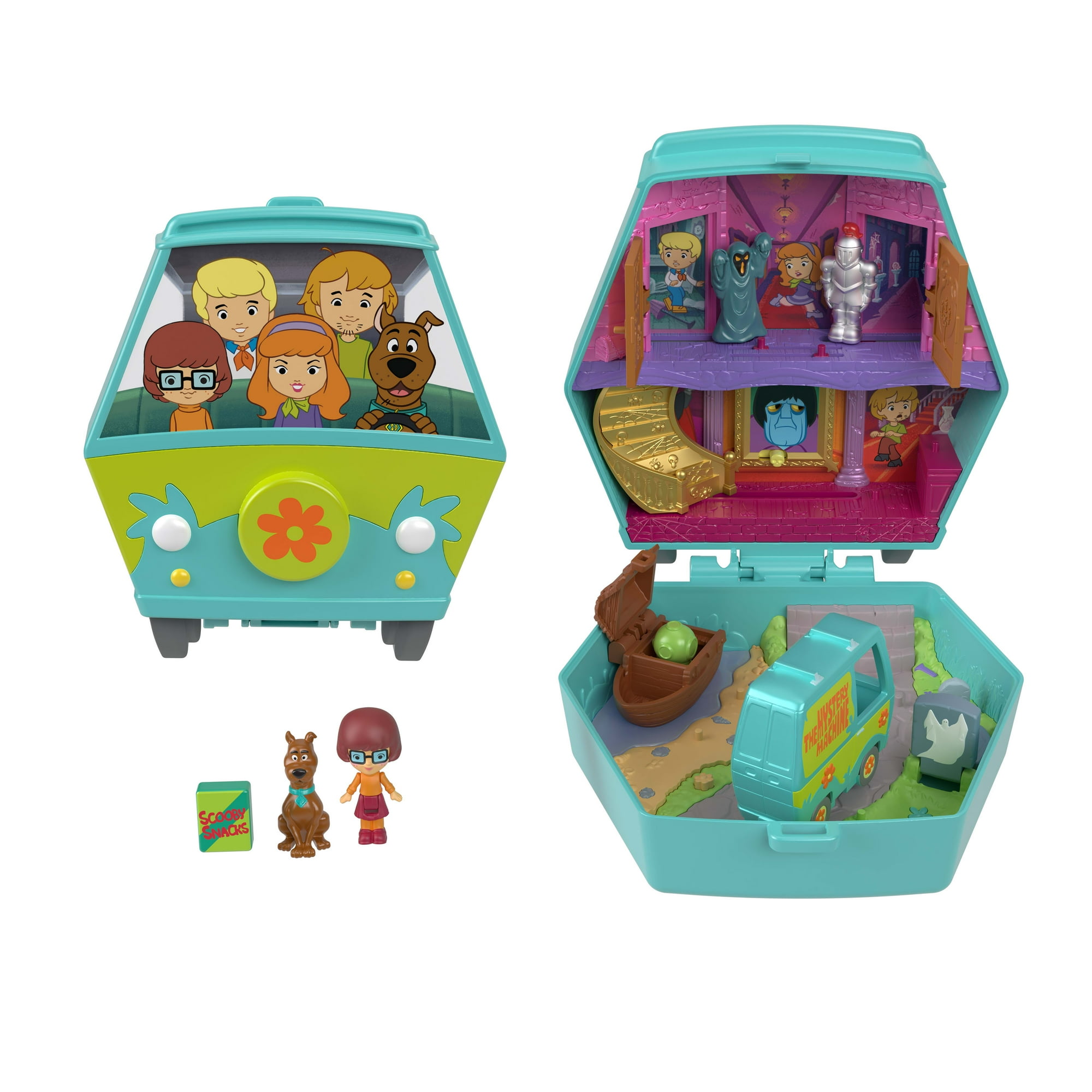 Polly Pocket Micro Dolls and Playset, Scooby Doo Partnership Compact with Scooby and Velma, Toy Car