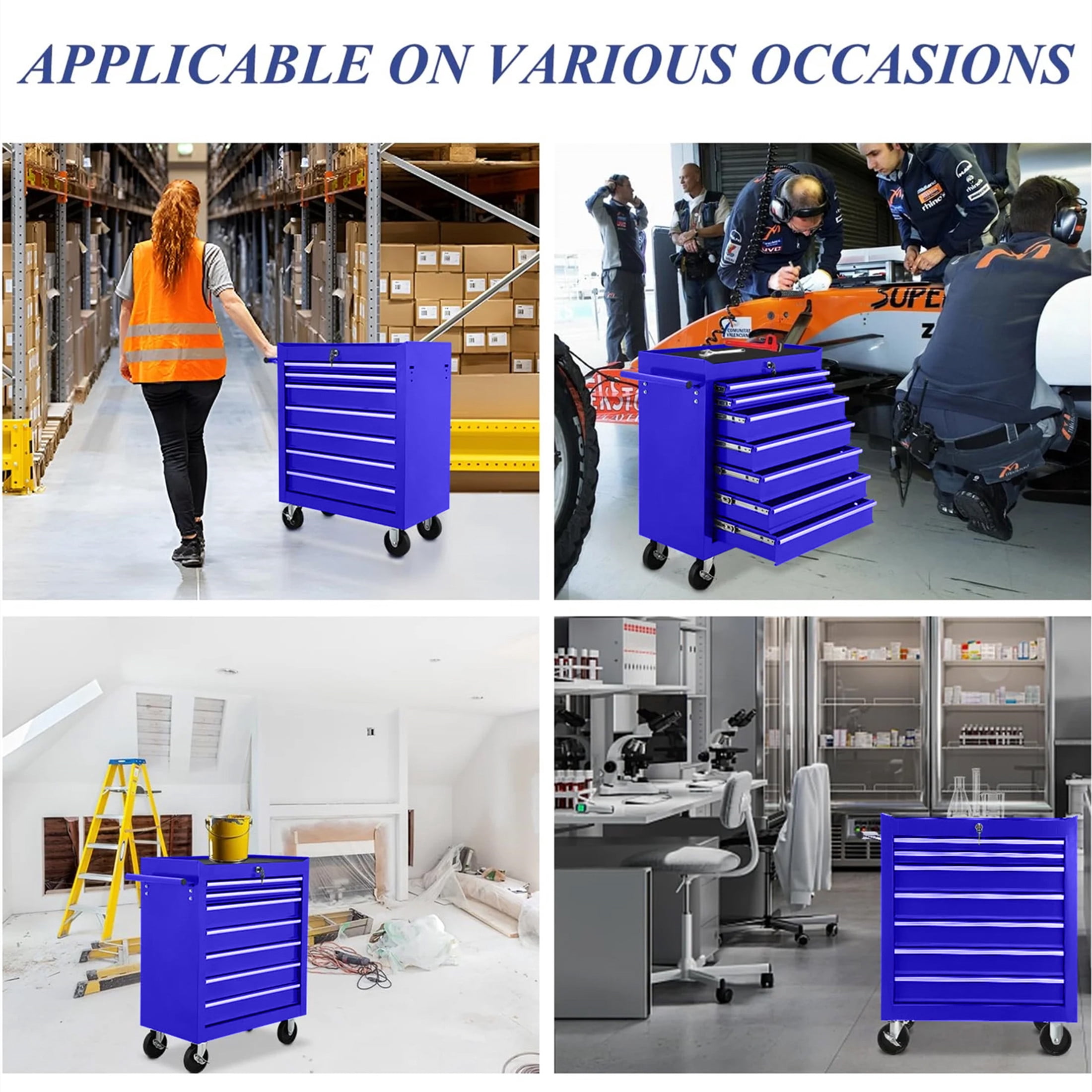 Aukfa Tool Chest, 24.5 in 7-Drawer Steel Rolling Tool Box on Wheels for Workshop Garage, Blue