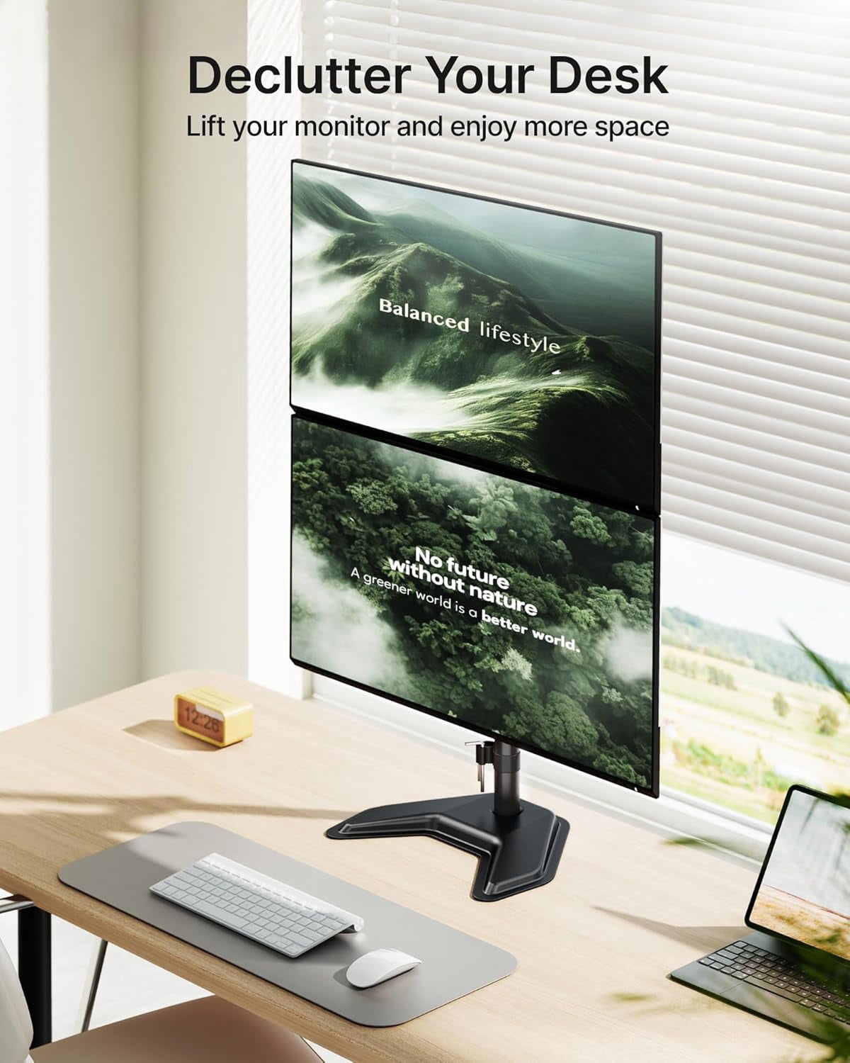 monTEK Vertical Dual Monitor Stand for 17-32 Inch Screens, Freestanding Stacked Monitor Mount with Full Motion Tilt, Swivel & Rotation, Holds up to 22 lbs per Arm, VESA 75x75/100x100mm